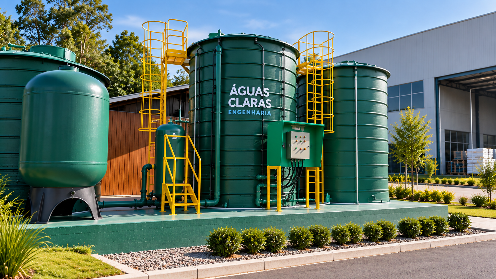 Estação de tratamento de esgoto compacta para empresas com tanques modulares e painel de controle