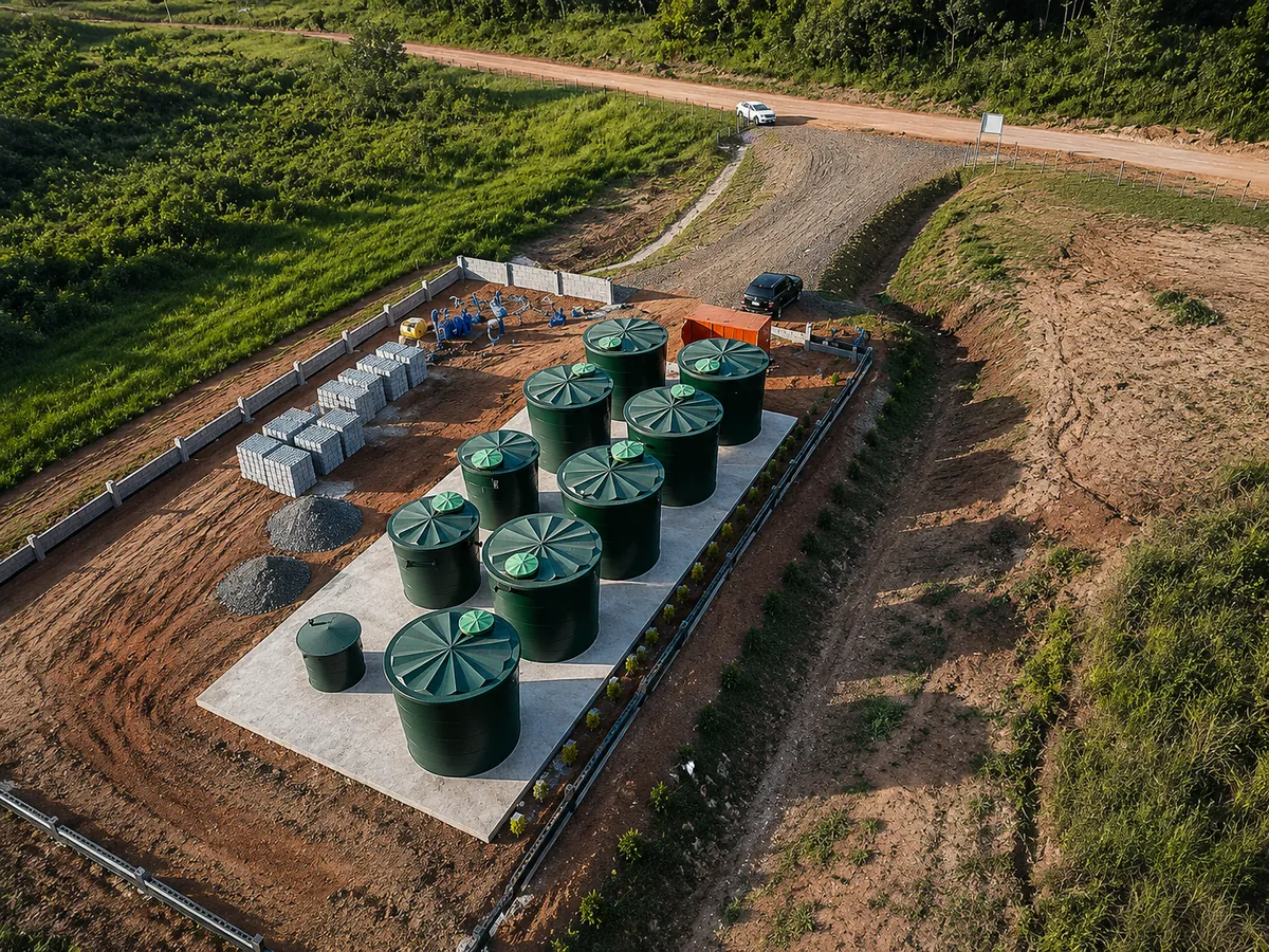 Estação compacta de tratamento de efluentes com tanques instalados em área externa